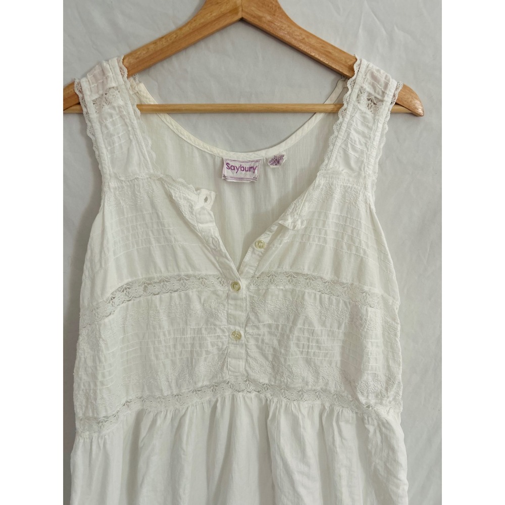 Saybury White Cotton Lace Trimmed Button Front Tiered Midi Dress large Vintage - Picture 3 of 9